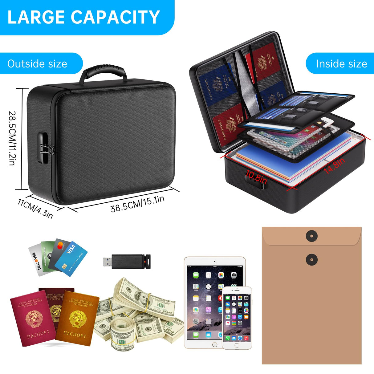 ENGPOW 5200°F Fireproof Document Bag with Lock,Upgraded Heat Insulated Fireproof＆Waterproof Box 8 Layers File Organizer,Portable Home Travel Safe Storage for Important Documents,Passports,Laptop ENGPOW