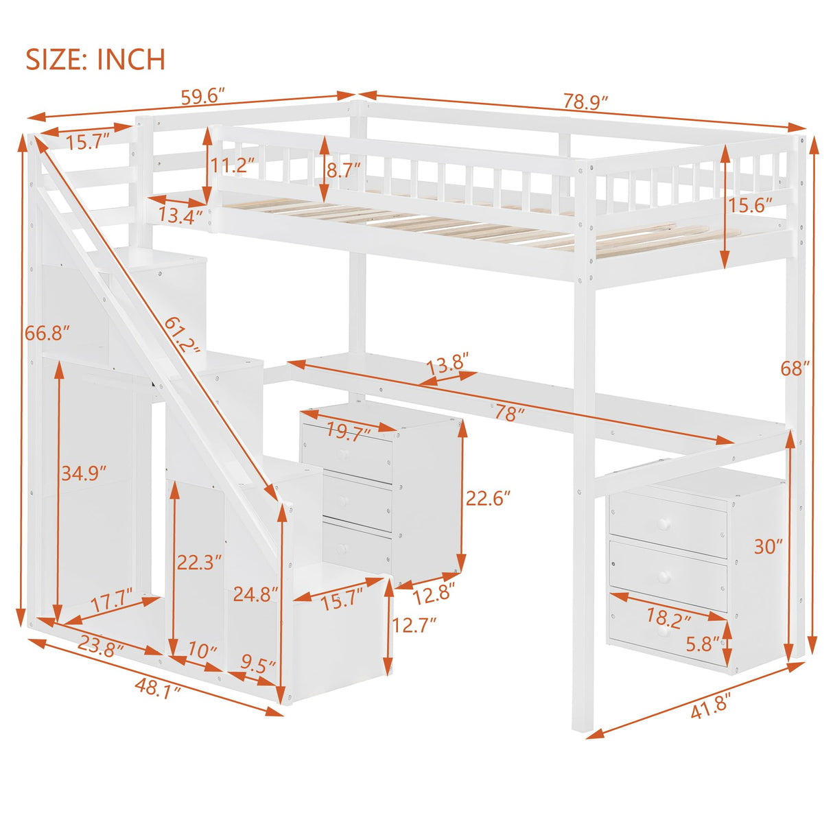 SOFTSEA Twin Size Gaming Loft Bed with Stairs and Desk, Wooden Loft Bed with Open Wardrobe, Storage Drawers & LED Lights for Kids Teens Adults, White SOFTSEA