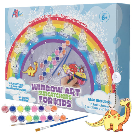 Window Art Kit for Kids - Stained Glass Kits for Kids Includes 16 Suncatchers 16 Ball Keychains 2 Suncatcher Paint Strips 2 Paint Brushes Window Art for Ages 6-8 AoneFun