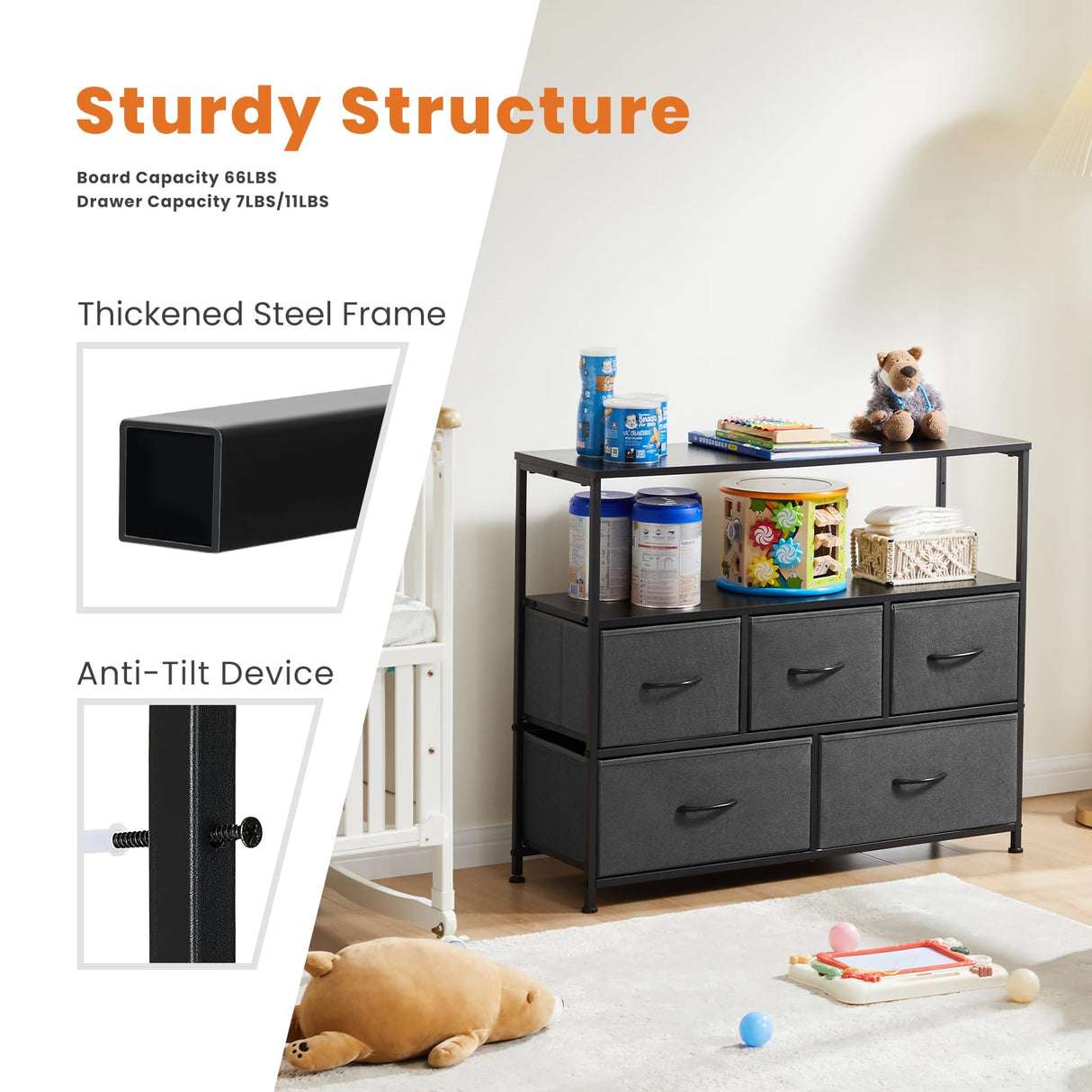 Sweetcrispy TV Stand for Bedroom, TV Dresser for 45 inches, Media Console Table, Entertainment Center with 5 Fabric Drawers Cabinet and Open Storage Shelf Furniture Cabinet for Living Room, Hallway Sweetcrispy