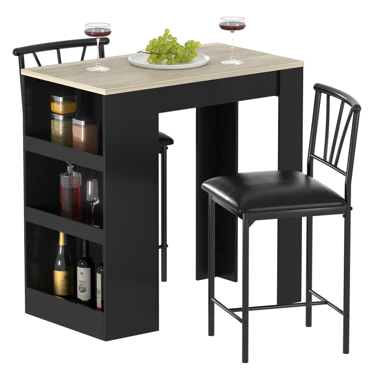 VECELO Small Bar Table and Chairs Tall Kitchen Breakfast Nook with Stools/Dining Set for 2, Storage Shelves, Space-Saving, Gray VECELO
