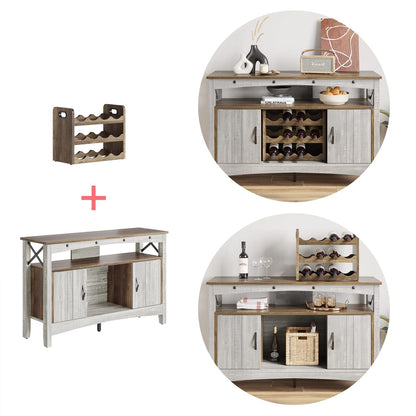 Bestier Wine Bar Cabinet with Wine Rack, Farmhouse Coffee Bar Sideboard with LED Lights, Industrial Sideboard Buffet Cabinet with Storage, White - WoodArtSupply