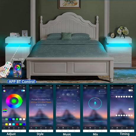 HOMMPA LED Nightstand White Nightstand with Led Lights Modern Night Stand with 2 High Gloss Drawers Led Bedside Table Smart Nightstand for Bedroom 20.5” Tall HOMMPA