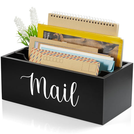 DRASTAR Mail Organizer Countertop, Wooden Mail Holder with 3 Slots, Desktop Mail Organizer, Black Mail Sorter for Home Office Accessories DRASTAR