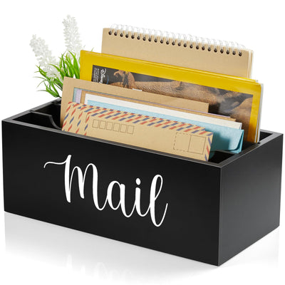 DRASTAR Mail Organizer Countertop, Wooden Mail Holder with 3 Slots, Desktop Mail Organizer, Black Mail Sorter for Home Office Accessories