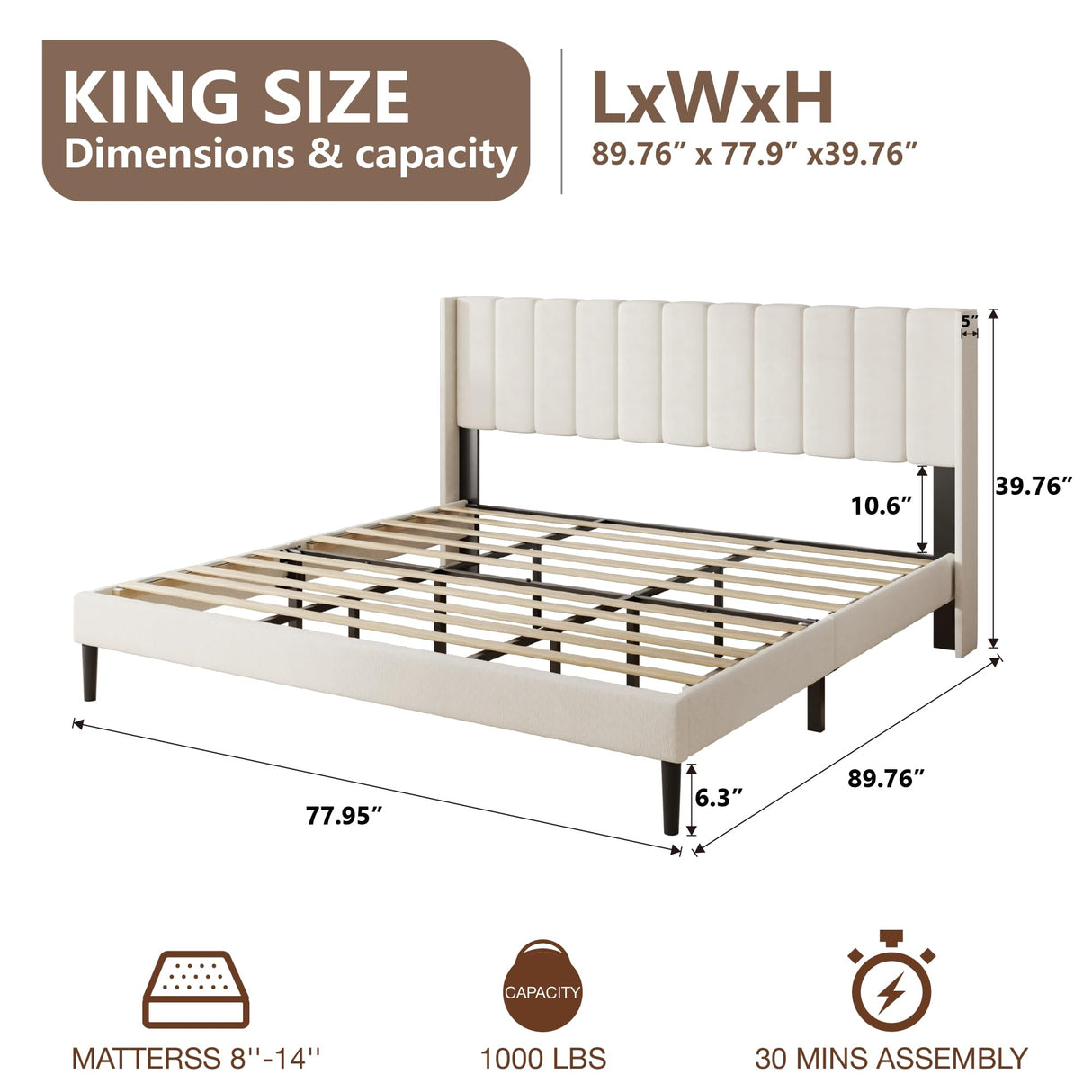 King Size Bed Frame with Vertical Chanel Tufted Headboard and Wingback, Upholstered Platform Bed, Strong Wooden Slats, Easy Assembly, Noise Free, No Box Spring Needed, Beige Velvet HAOARA