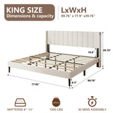 King Size Bed Frame with Vertical Chanel Tufted Headboard and Wingback, Upholstered Platform Bed, Strong Wooden Slats, Easy Assembly, Noise Free, No Box Spring Needed, Beige Velvet HAOARA