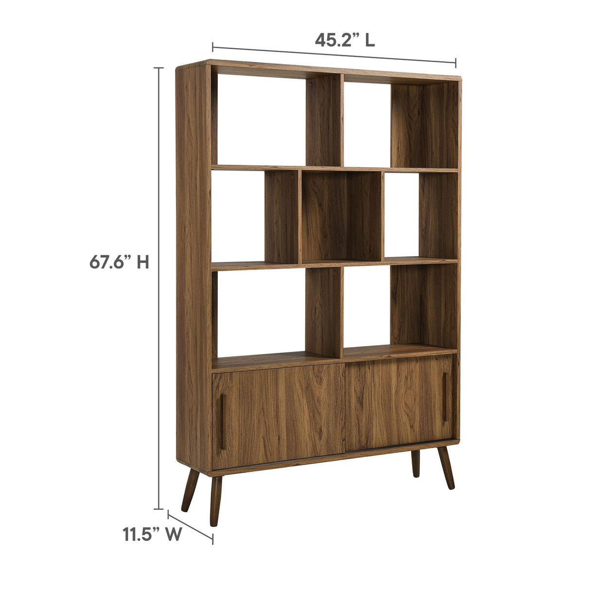 Modway Transmit 8 Shelf Bookcase with Sliding Doors in Walnut - 45 Inch Wood Mid-Century Modern Bookshelf - 4 Tier Tall Open Display Storage Cabinet for Living Room, Office, Hallway Modway