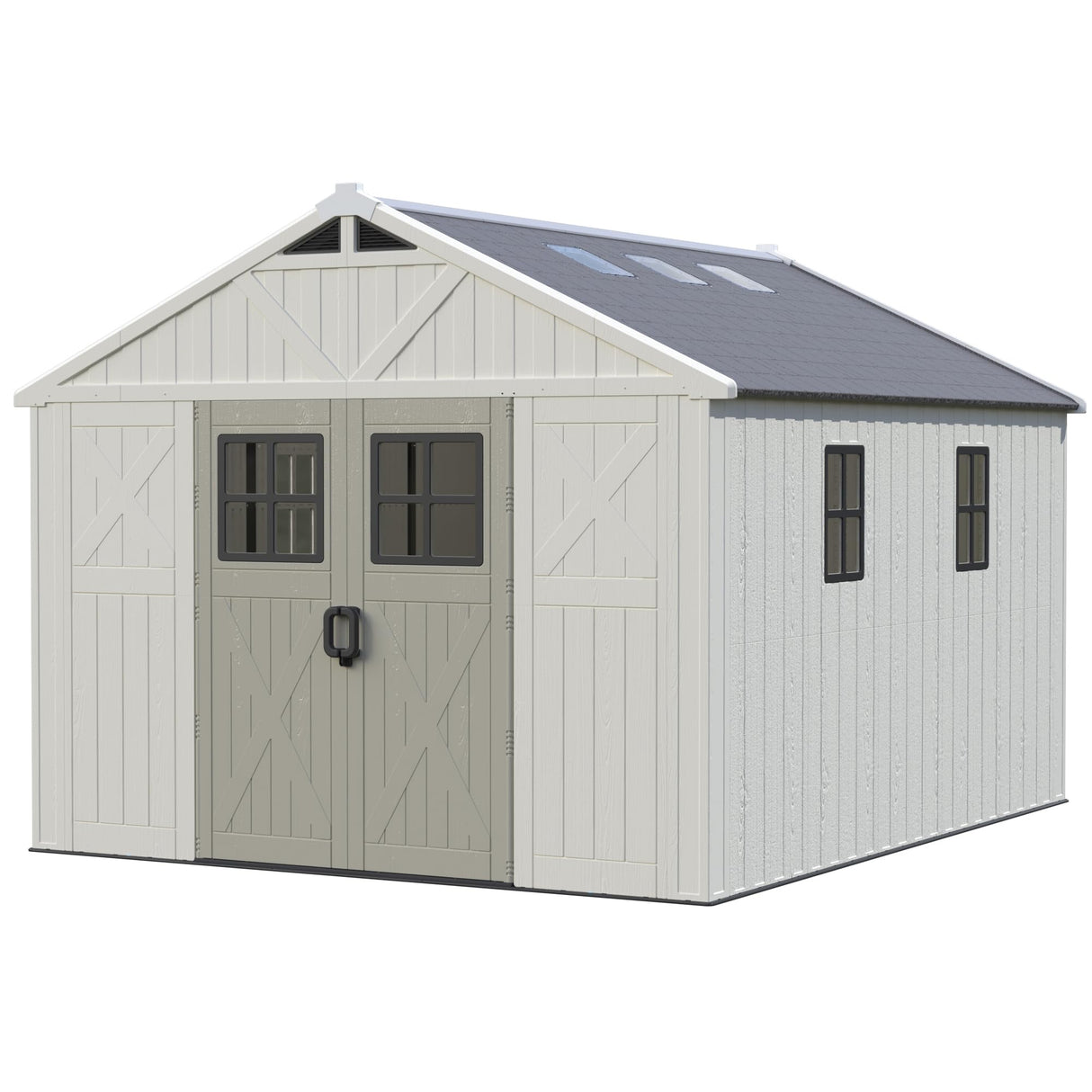 Greesum 10×12 FT Plastic Outdoor Storage Shed with Floor and Lockable Door, Resin Sheds with Windows and Skylights, Weather Resistant Organization for Garden, Lawn, Pool Supplies, Beige Greesum