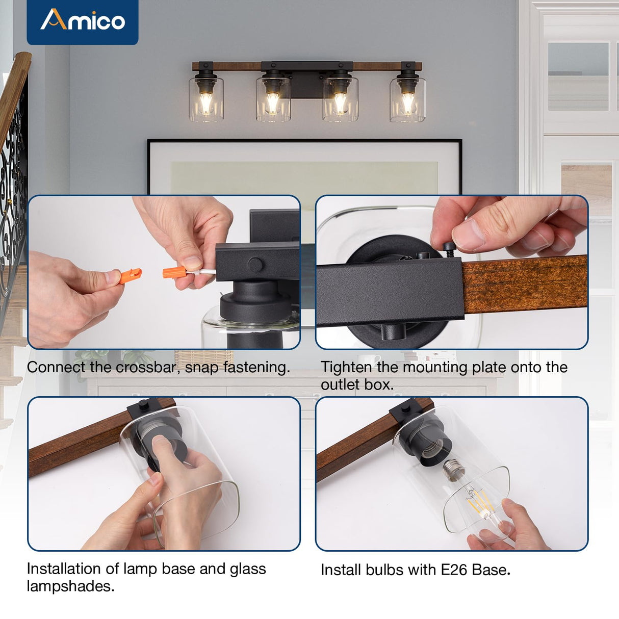 Amico 4-Light Bathroom Vanity Light Fixtures, Rustic Industrial Painted Wood Vanity Lights for Bathroom, Vintage Black Wall Sconces Bathroom Vanity Lighting with Clear Glass Shade Amico