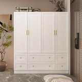 TAMUNE Large Wardrobe Armoire Closet with 4 Doors, White Wardrobe with Hanging Rods and Drawers, Shelf, Bedroom Armoire, Modern Clothes Wardrobes with Gold Handles, 19.7”D x 63”W x 70.9”H TAMUNE
