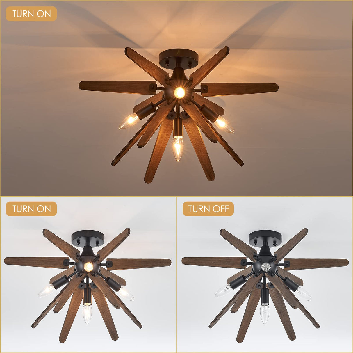 VANZARLA 4-Light Sputnik Semi Flush Mount Light Black, Wood Hallway Lights, Farmhouse Light Fixture for Kitchen, Rustic Close to Ceiling Light Fixture for Entryway Laundry Nursery Bedroom VANZARLA