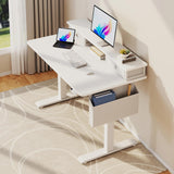 White Electric Standing Desk with Drawers - 40 Inch Small Standing Desk with Shelf Monitor Stand Storage Height Adjustable for Home Office, Study Writing Girls Computer Sit Stand Desks for Bedroom KLUVIS