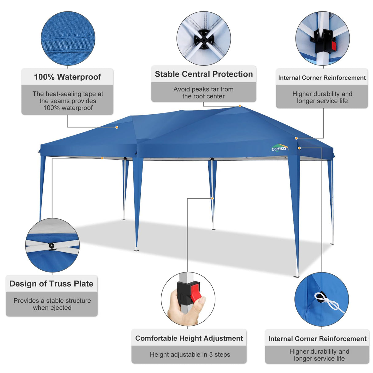 COBIZI Canopy 10x20 Pop Up Canopy Tent 10x20ft Waterproof Party Tent Ez Up Canopy Tents for Parties Wedding Outdoor Commercial Event Gazebo Portable Instant Tent for Backyard Camping Carport, Blue COBIZI