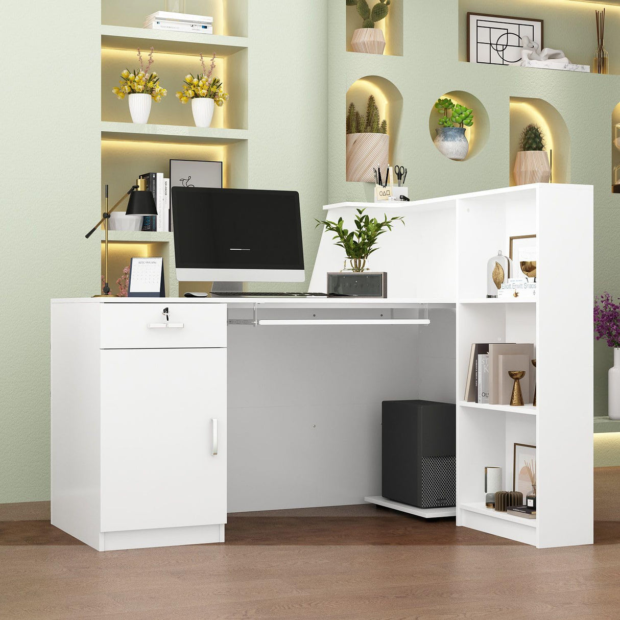 FAMAPY L-Shaped Reception Desk Counter Desk for Retail & Checkout, Modern Front Counter Table, Black Tapes, for Office Lobby White (55.1”W x 39.4”D x 43.3”H) FAMAPY