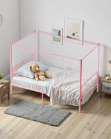 VEVOR Canopy Bed Frame Twin Size, Metal Canopy Bed with Minimalist Headboard & Four Posters Design, Heavy Duty Steel Slats Support, Underbed Storage Space, No Box Spring Needed, Easy Assembly, Pink VEVOR