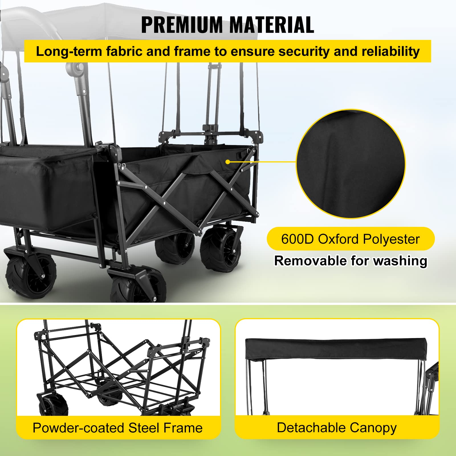 Happbuy Extra Large Collapsible Garden Cart with Removable Canopy, Folding Wagon Utility Carts with Wheels and Rear Storage, Wagon Cart for Garden, Camping, Grocery Cart, Shopping Cart, Black - WoodArtSupply