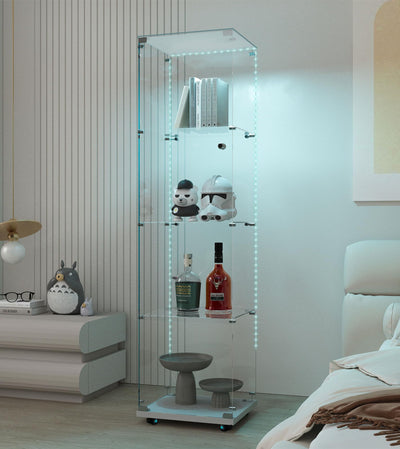 Maotifeys Modern Glass Display Cabinet 4-Shelf with LED Light, Lock and Wheels, 1 Door Curio Cabinets, Tempered Glass Collection Display Showcase for Living Room Home Office,15.6x13.5x65 H,White