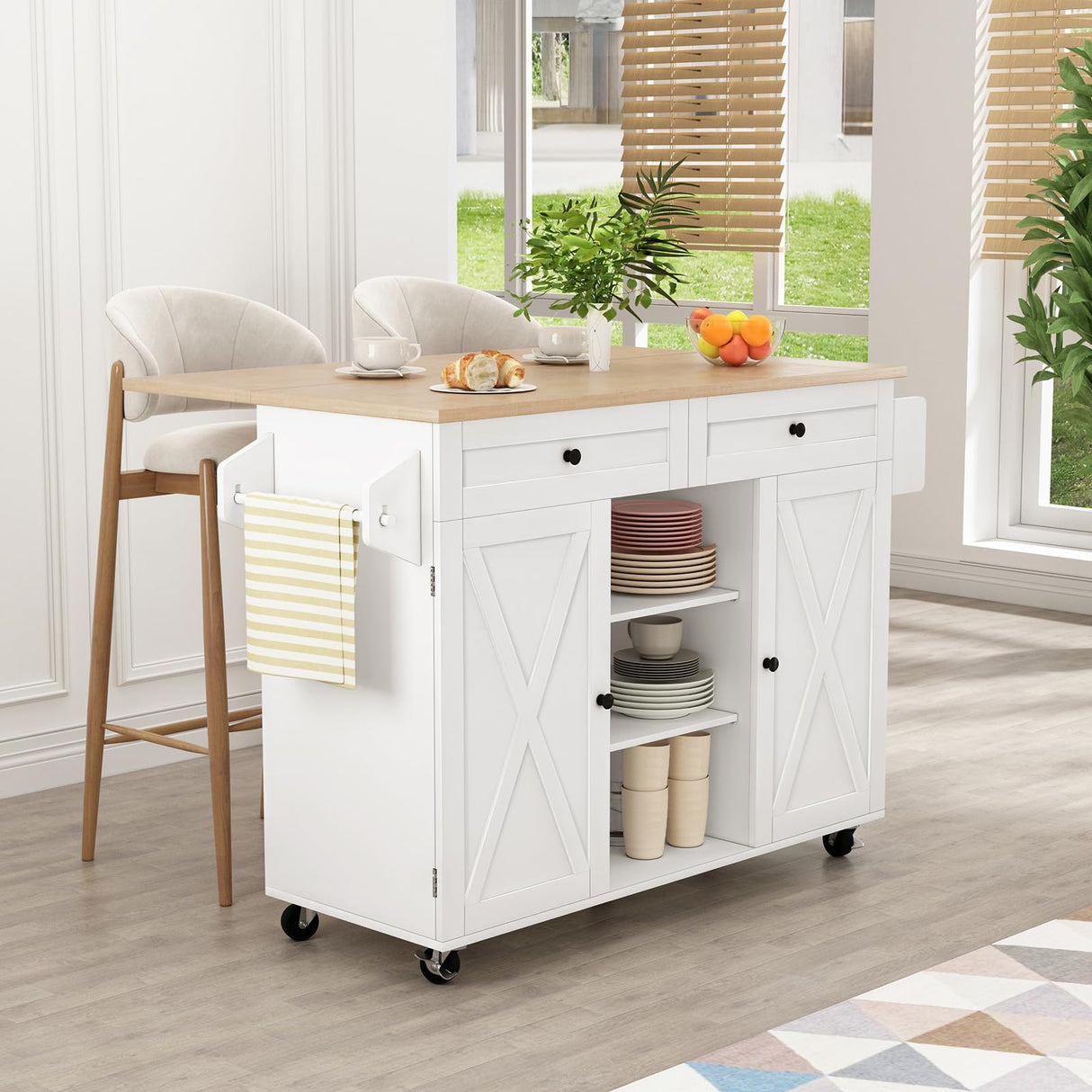 HLR Kitchen Island On Wheels, Rolling Kitchen Island Cart with Drop Leaf Countertop, Barn Door Kitchen Islands Table with Storage Cabinet and Tower Rack, Island Table for Kitchen HLR