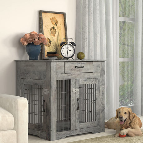 IchbinGo Wooden Furniture Style Dog Crate End Table, Double Doors Dog Kennel with Drawer, Rustic Style Decorative Dog House Cage Indoor Use, Easy Installation 29.92”L x 24.80” W x 30.71”H IchbinGo