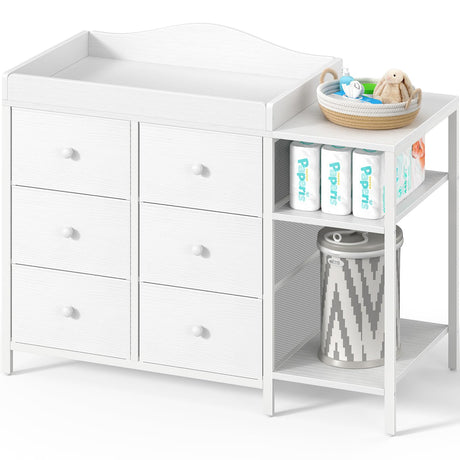 BOLUO Baby Dresser with Changing Table Top, White Changing Table Dresser with 6 Fabric Drawers Diaper Changing Station with Storage Shelf for Nursery Modern BOLUO