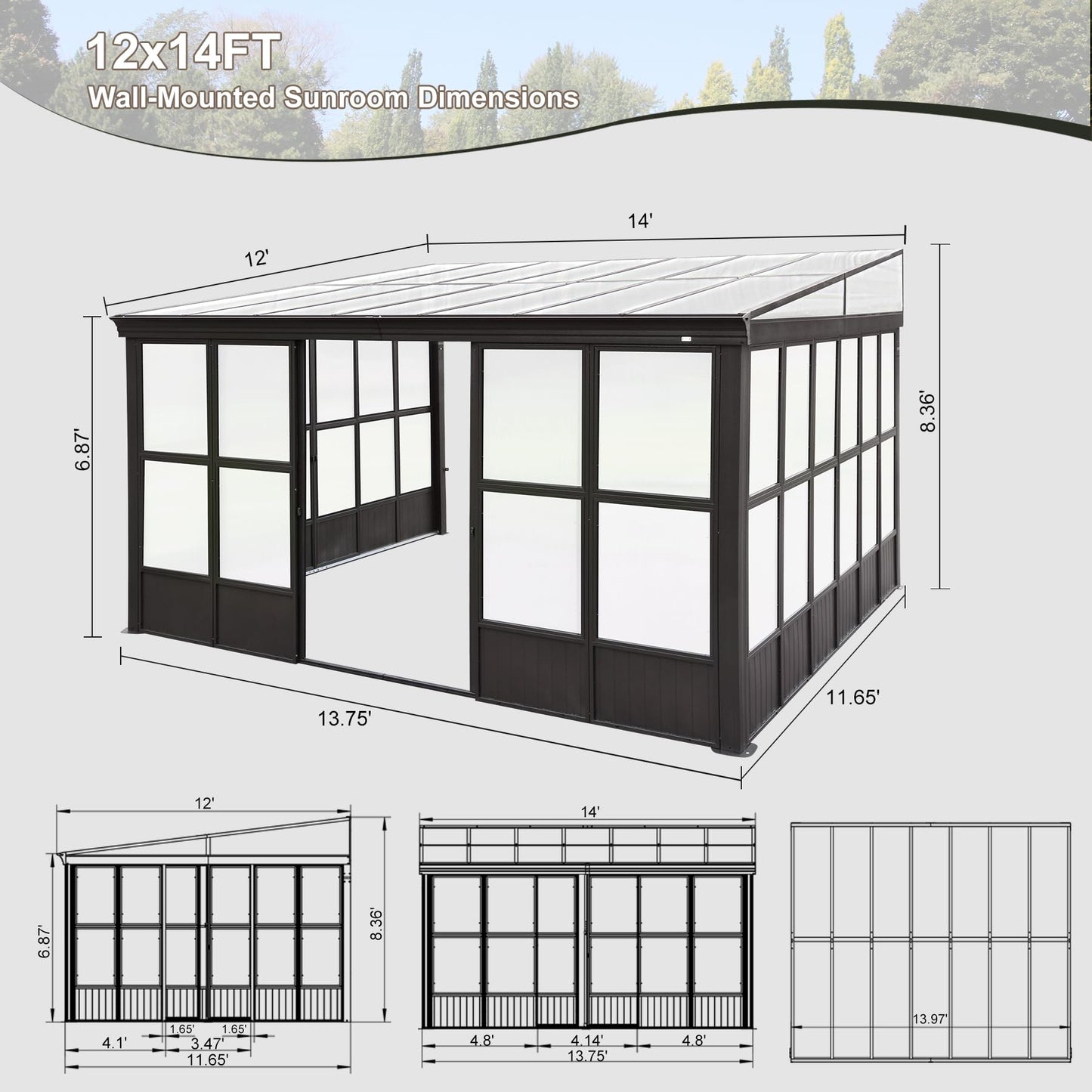 Domi Lean-to Sunroom 12x14FT, Wall Mounted Solarium with Sloping Polycarbonate Roof, Detachable Polycarbonate Screens, 2 Lockable Sliding Doors, Aluminum Gazebo Against Wall Sun Room for Pati - WoodArtSupply