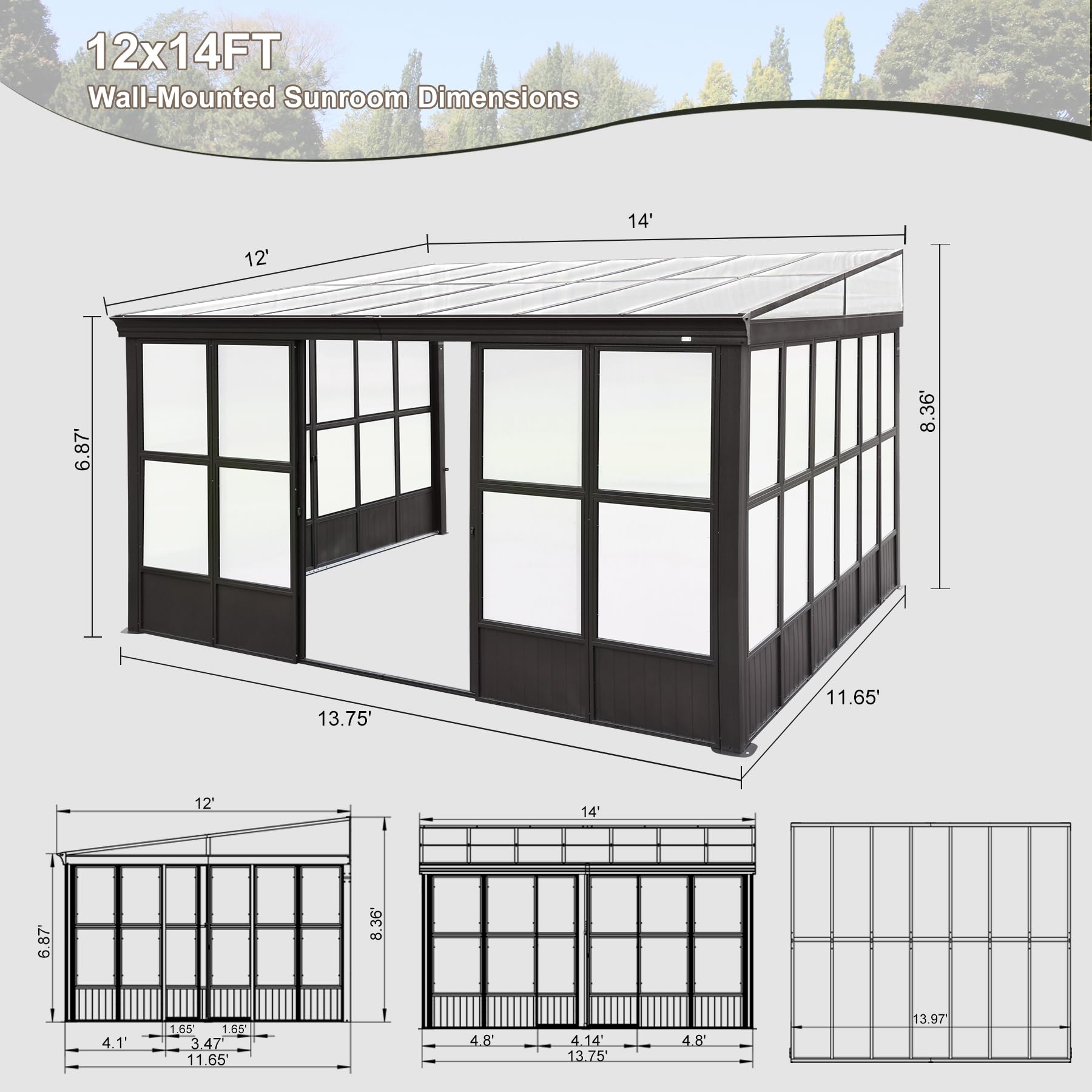 Domi Lean-to Sunroom 12x14FT, Wall Mounted Solarium with Sloping Polycarbonate Roof, Detachable Polycarbonate Screens, 2 Lockable Sliding Doors, Aluminum Gazebo Against Wall Sun Room for Pati - WoodArtSupply