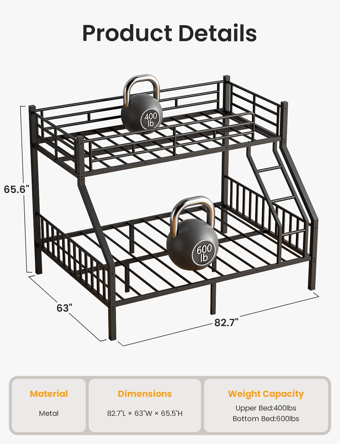 Feetice Twin XL Over Queen Bunk Bed for Adults, Heavy Duty Metal Bunk Beds with Safety Guardrails & EVA Padded Ladder, Twin XL Over Queen Bunk Beds Frame with Noise-Free Slats, Space-Saving(Black) Feetice