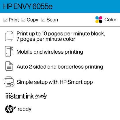 HP ENVY 6055e Wireless Color Inkjet Printer, Print, scan, copy, Easy setup, Mobile printing, Best-for-home, 3 months of Instant Ink included,white