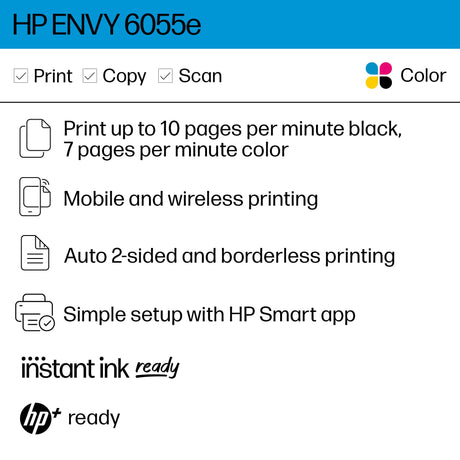 HP ENVY 6055e Wireless Color Inkjet Printer, Print, scan, copy, Easy setup, Mobile printing, Best-for-home, 3 months of Instant Ink included,white HP
