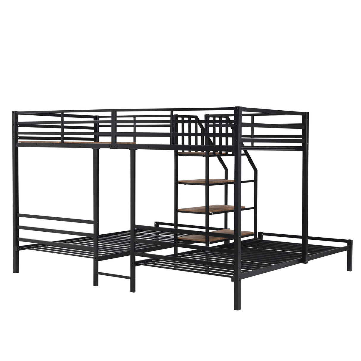 Metal Triple Bunk Bed with Storage Shelves Staircase, Twin Over Twin & Twin Bunk Bed with Safety Guardrail for Kids Teens Adults Bedroom and Dormitory. (Black#P) Brabrety