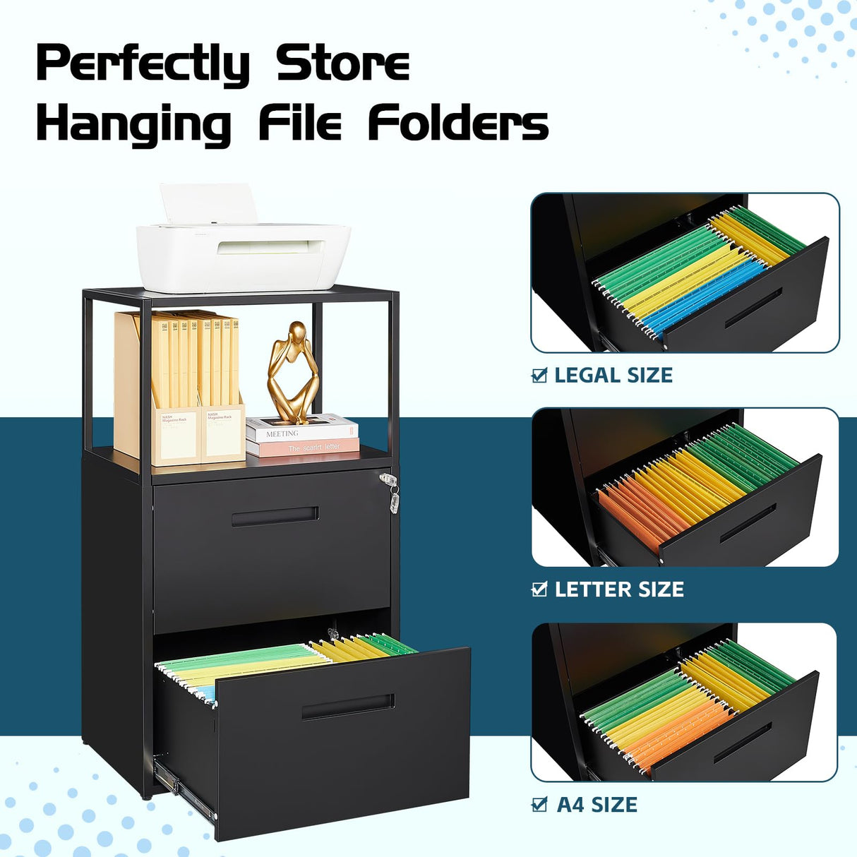 MIIIKO Office File Cabinet with 2 Drawers and Shelf, Metal Vertical Filing Cabinet with Lock, Lateral Two Drawers for Storage Letter/Legal Size File Folders, Top Shelf for Printer Stand MIIIKO