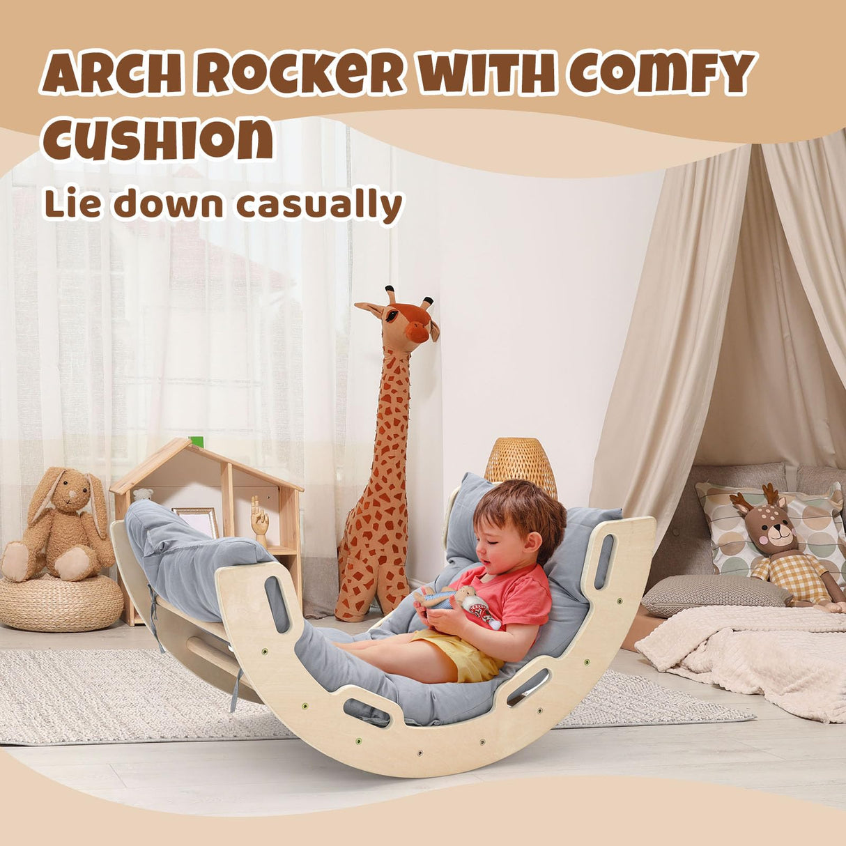 COSYLAND Kids Climber Arch Rocker with Cushion,Wooden Indoor Pikler Climbing Toys for Toddler with 4 Handrails On Each Side,Paintless Indoor Playground Arch Climbing Ladder (Natural) COSYLAND