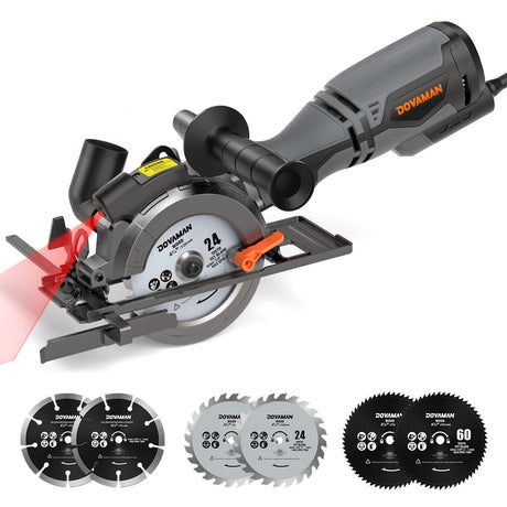 DOVAMAN Circular Saw, 5.8A 4-1/2" Circular Saw w/Laser, Metal Auxiliary Handle, 6 Blades (4½", 4¾"), Cutting Depth 1-11/16" (90°), 1-1/8" (45°), Ideal for Wood, Soft Metal, Plastic, Tile - MCS01A DOVAMAN