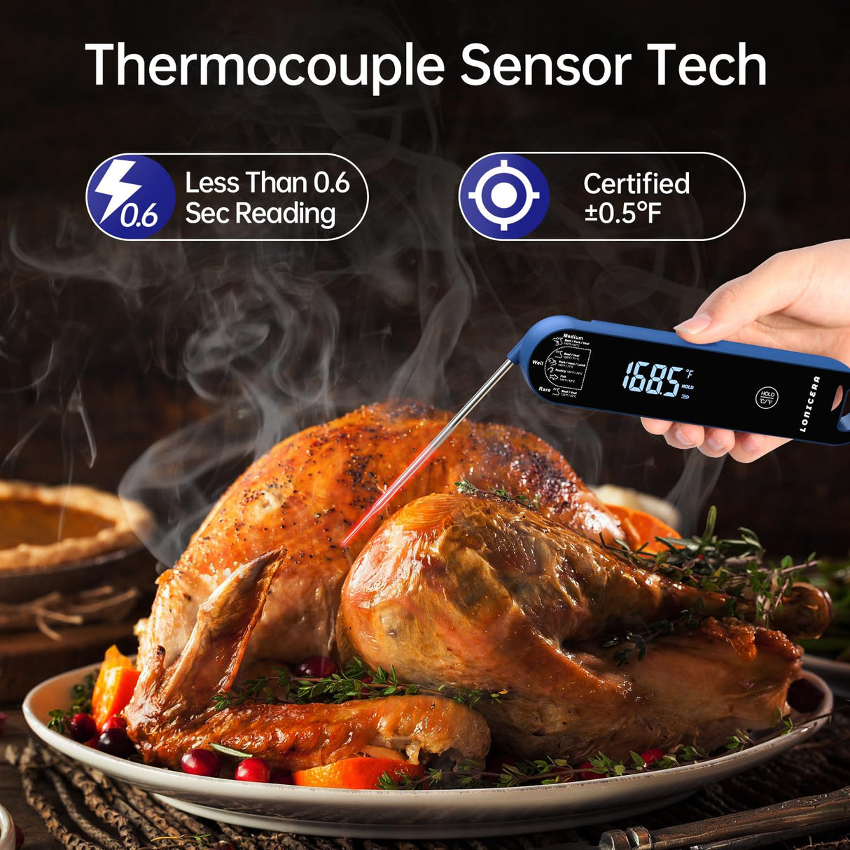 Lonicera Professional Meat Thermometer for Cooking. Instant Read Less Than 0.6 Sec, ±0.5℉ Accuracy with Thermocouple Tech. IP67 Waterproof Design, Ambidextrous VA Display, Auto Wake up (Blueberry) LONICERA