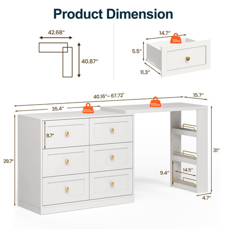 RoyalCraft Vanity Desk and Dresser Combo, 67" L Extendable Big Makeup Vainty with 6 Drawer Dresser and 3 Side Shelves, Wood Corner Vanity for Bedroom, Dressing Table for Women Girlfriend, White RoyalCraft