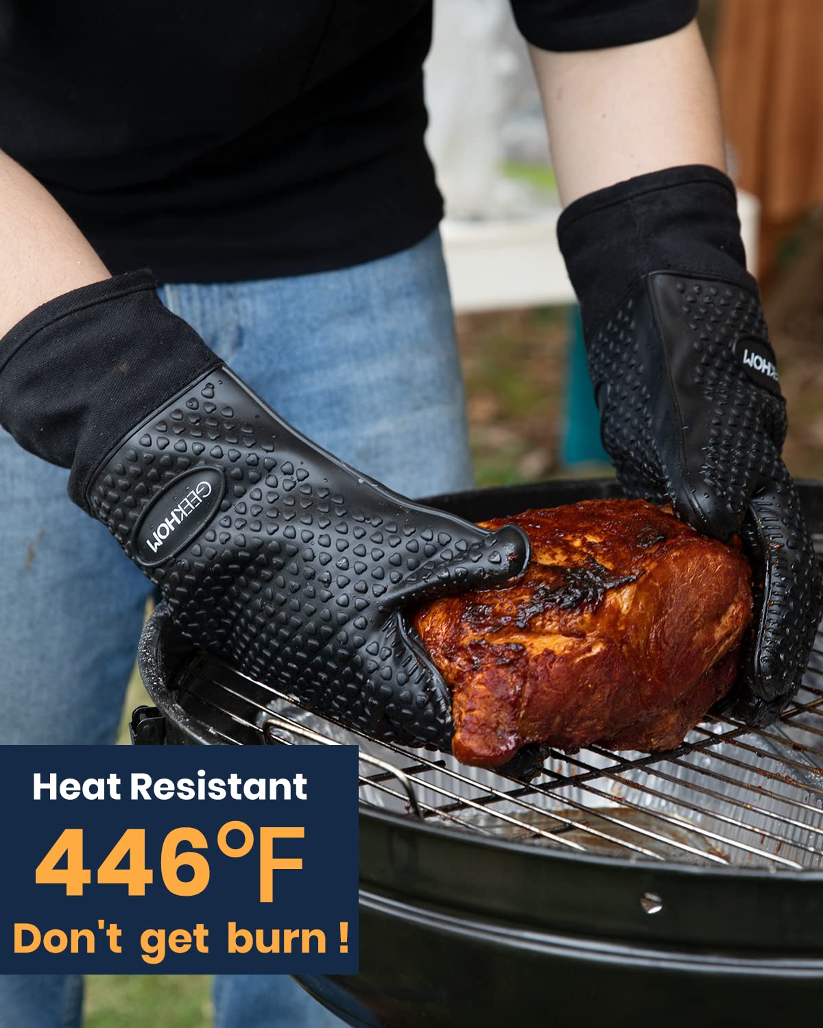 GEEKHOM BBQ Gloves, Grilling Gloves Heat Resistant Oven Gloves, Kitchen Silicone Oven Mitts, Long Waterproof Non-Slip Pot Holder for Barbecue, Cooking, Baking (Black) GEEKHOM