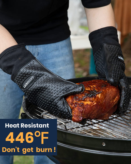 GEEKHOM BBQ Gloves, Grilling Gloves Heat Resistant Oven Gloves, Kitchen Silicone Oven Mitts, Long Waterproof Non-Slip Pot Holder for Barbecue, Cooking, Baking (Black) GEEKHOM