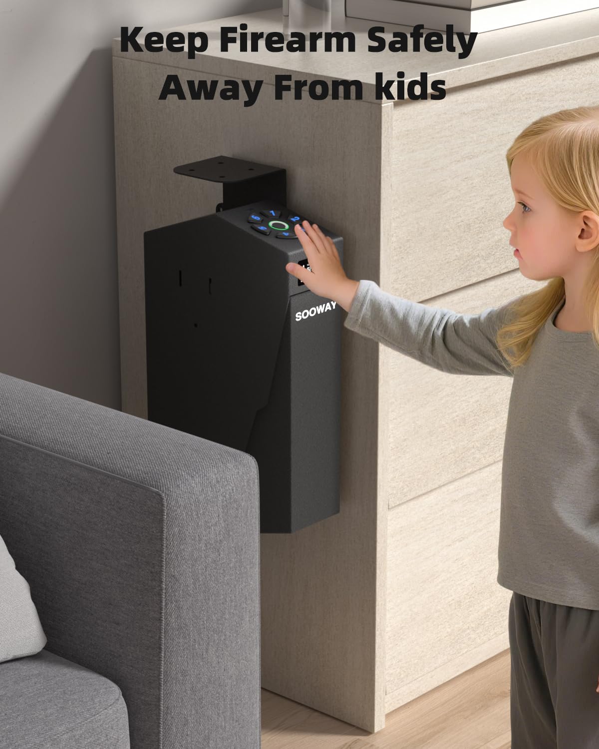 Gun Safe, Mounted Biometric Pistol Safe Drop Down Gun Lock Box for Handgun with 3 Ways Quick Access Bedside Pistol Case for Nightstand, Desk, Wall, Dresser SOOWAY