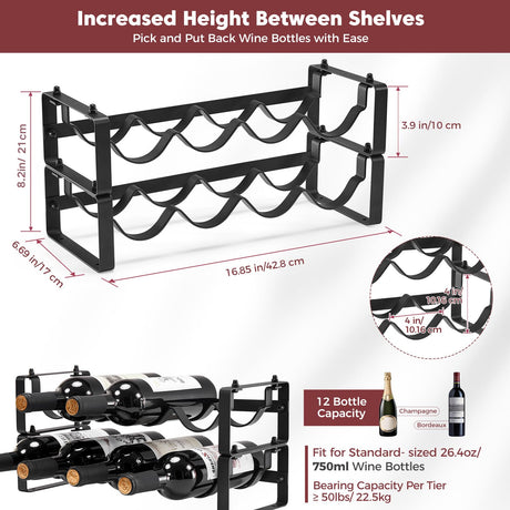 ICOHOT Stackable Wine Rack Countertop, Sturdy Wine Bottle Holder Freestanding for Cabinet, 2 Tier Small Tabletop Wine Holder Stand for Pantry Bar, Wire Wine Bottle Rack Metal Wine Storage Organizers ICOHOT