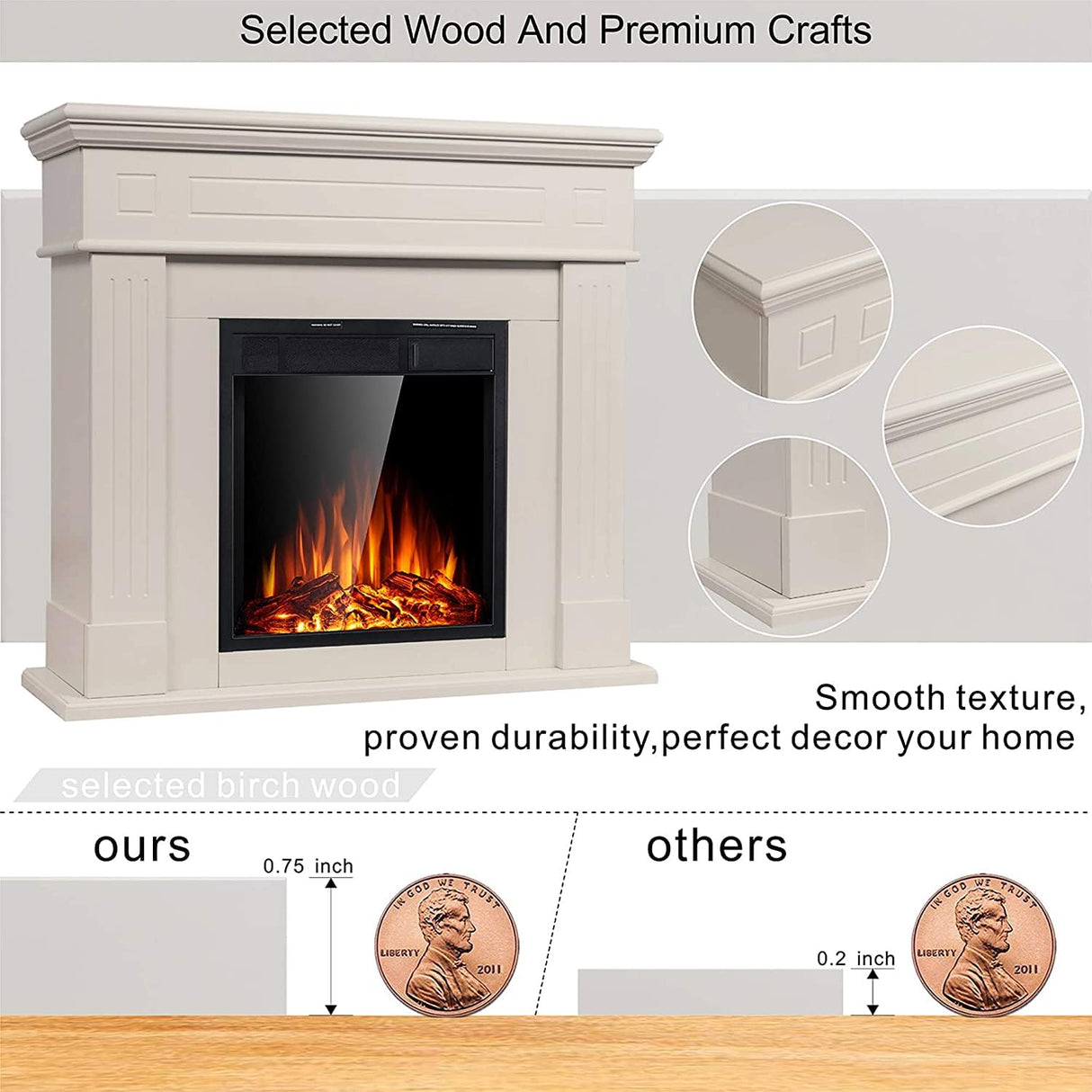 Electric Fireplace with Mantel Package Freestanding Fireplace Heater Corner Firebox with Log & Remote Control,750-1500W,Cream Xbeauty