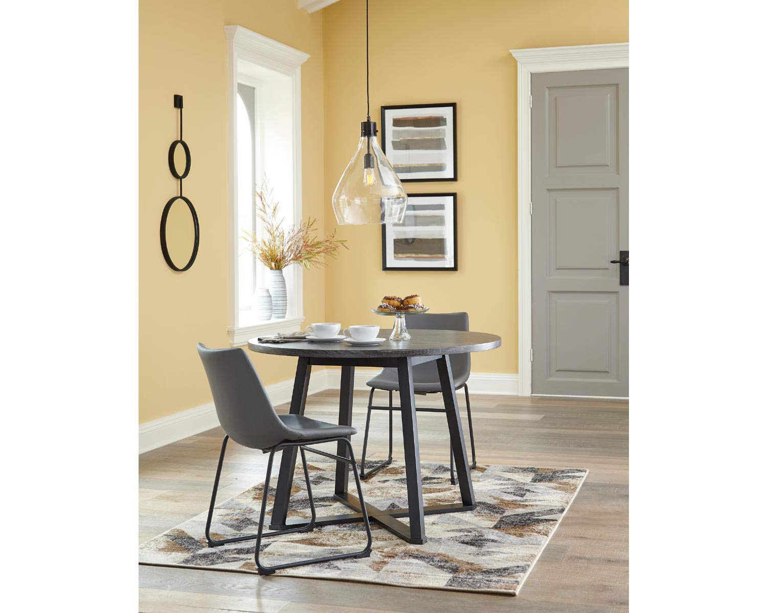 Signature Design by Ashley Centiar Mid Century Round Dining Room Table with Metal Legs, Gray & Black - WoodArtSupply