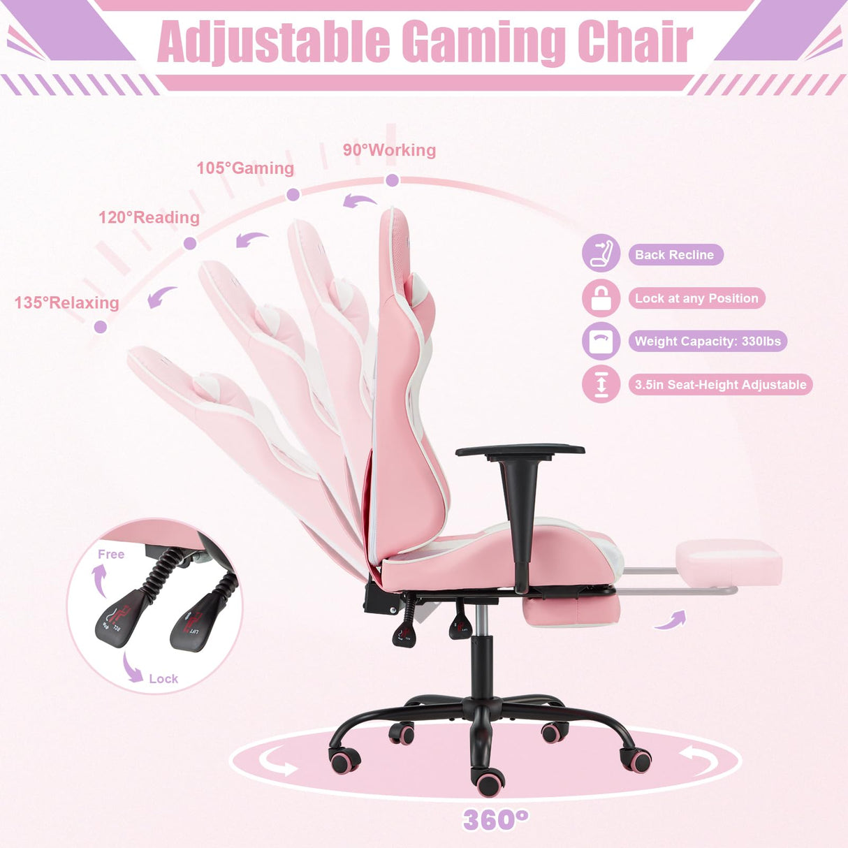 ECOTOUGE PC Gaming Chair Massage Ergonomic Office Desk Chair Racing PU Leather Recliner Swivel Rocker with Headrest and Lumbar Pillow, Pink-White ECOTOUGE