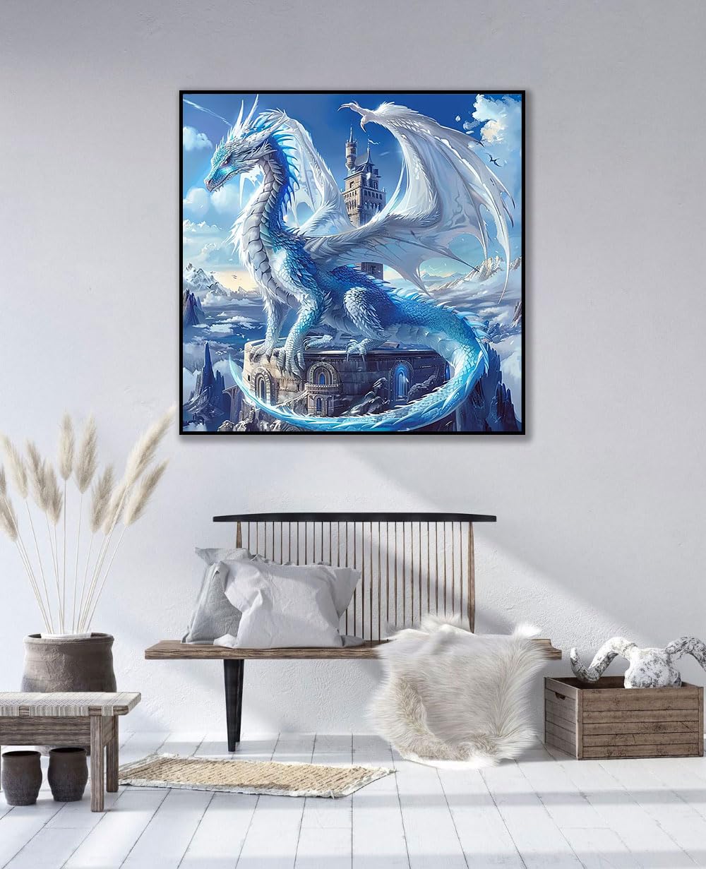 5D Ice Dragon Diamond Art Kits for Adults Beginners, DIY 5D Full Round Drill Diamond Painting Kits Sky King, Paint by Diamonds Dot Gem Art Crystal White Dragon Easy,Home Wall Decor 13.7 X 13.7 Inch CHWGLFGG