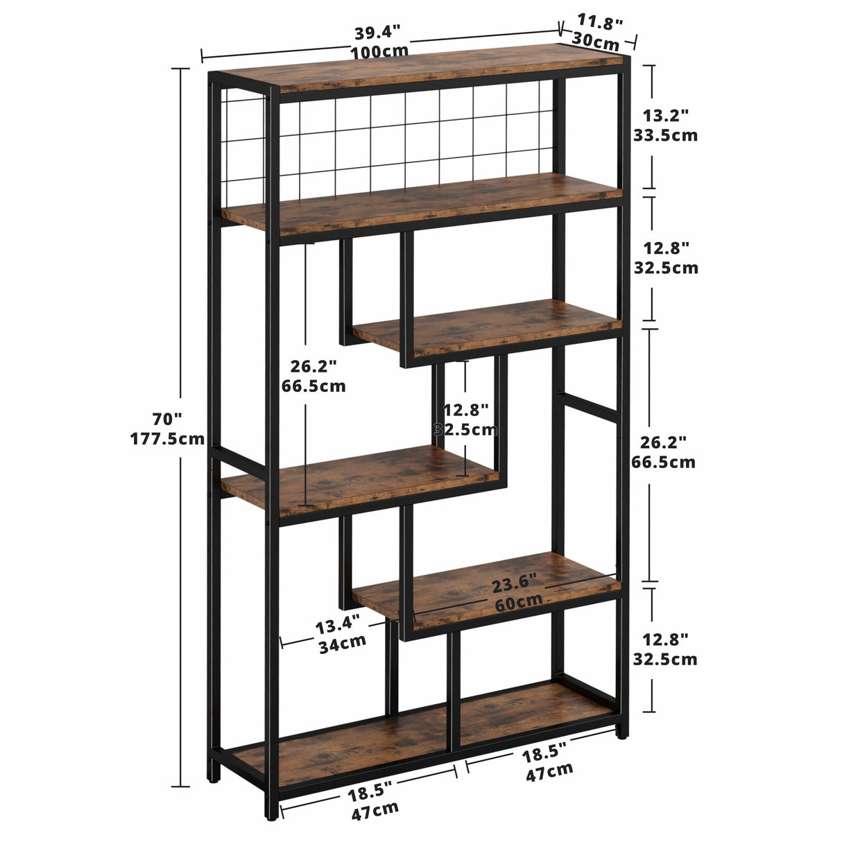 IRONCK Bookshelves 6 Tiers, Industrial Etagere Heavy Duty Shelves for Living Rooom, Office Storage Geomeric Display Boocase, Vintage Brown IRONCK