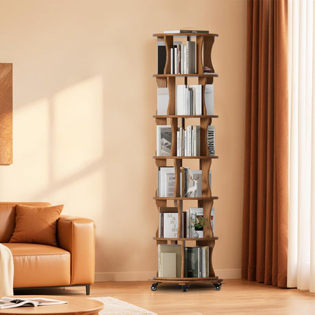 6 Tier Solid Wood Rotating Bookshelf with Wheels, Round Revolving Bookcase Organizer, 360° Spinning Storage Shelf for Corner, Small Narrow Spaces, Home, Office, BedRoom,Living Room,Study Room Drogenble