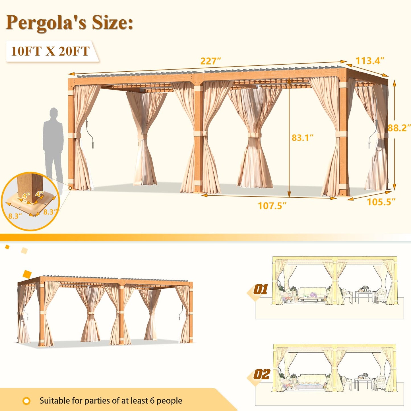 YOLENY 10 x 20 FT Louvered Pergola, Wood Grain Pergola with Adjustable Aluminum Waterproof Roof, Sun Shade Shelter with Netting and Curtains for - WoodArtSupply