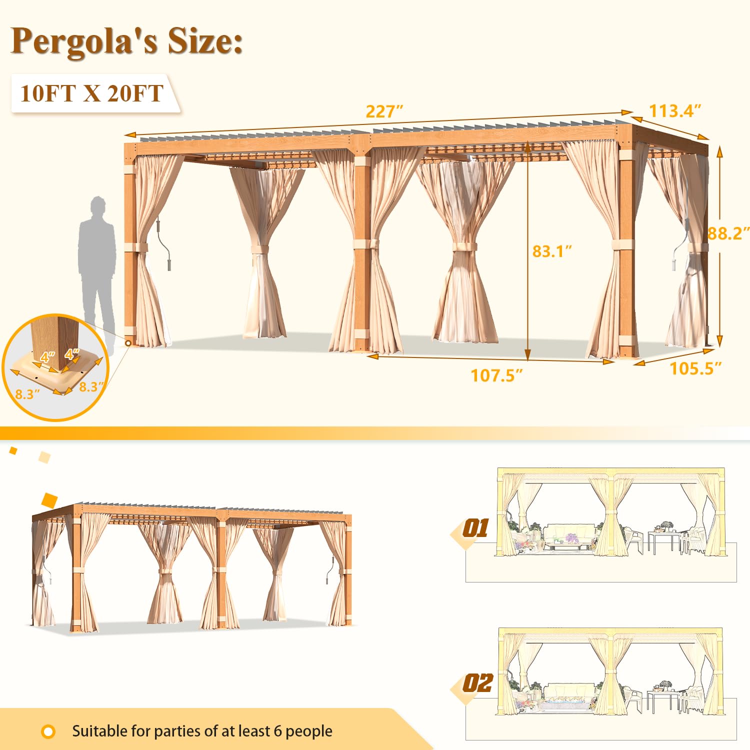 YOLENY 10 x 20 FT Louvered Pergola, Wood Grain Pergola with Adjustable Aluminum Waterproof Roof, Sun Shade Shelter with Netting and Curtains for - WoodArtSupply