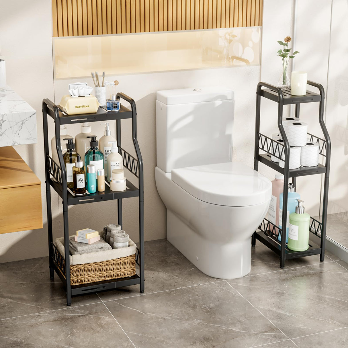 HapiRm Bathroom Shelf Unit Organizer - 3 Tier Expandable Narrow Shelf, Metal Free-Standing Shelves, Open Floor Rack Slim Storage Cabinet, Ideal for Bathroom, Laundry, Kitchen Organization (Black) HapiRm