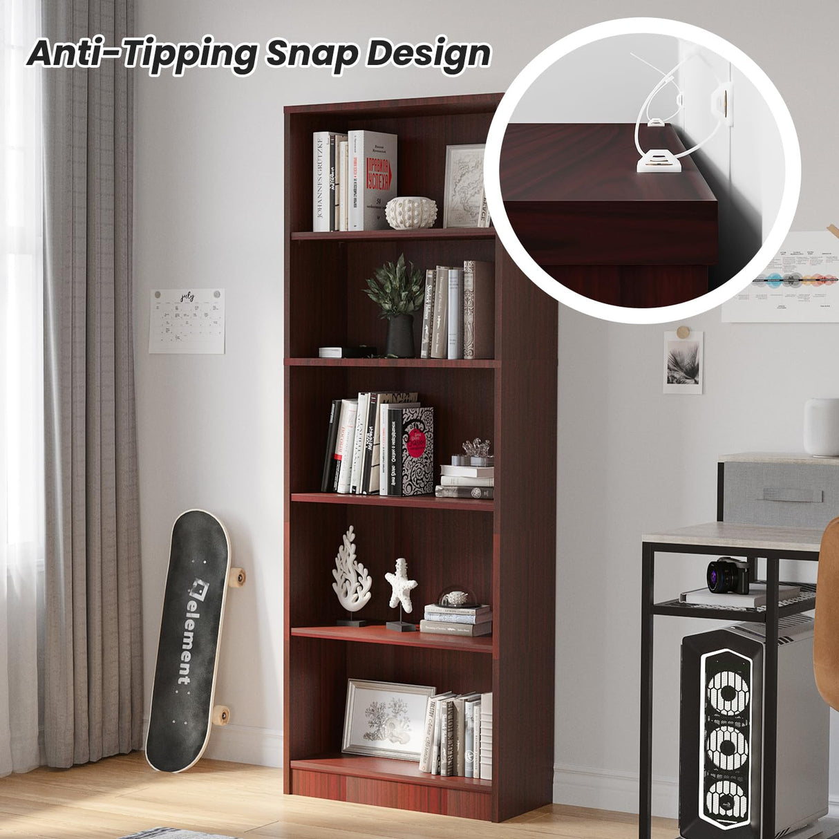 Farini Bookcase Freestanding 5 Shelf Wood Bookshelf Adjustable Shelves for Home Office,5 Layer, Mahogany Farini